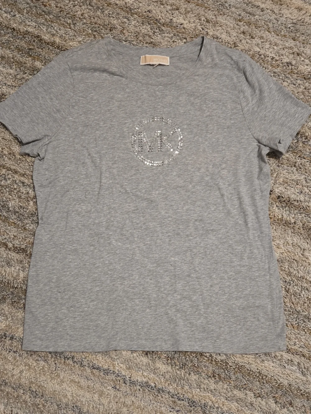 Michael Kors Light Gray Crystal MK Logo Short Sleeve Tee